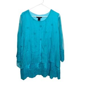 Ali Miles Top Womens Plus Size 1X Embroidered Layered Tunic Lagenlook Coastal